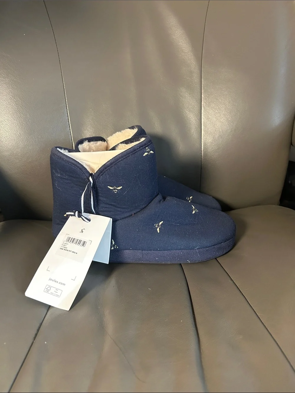 Joules Cabin Navy Bee Print Bootie Slippers